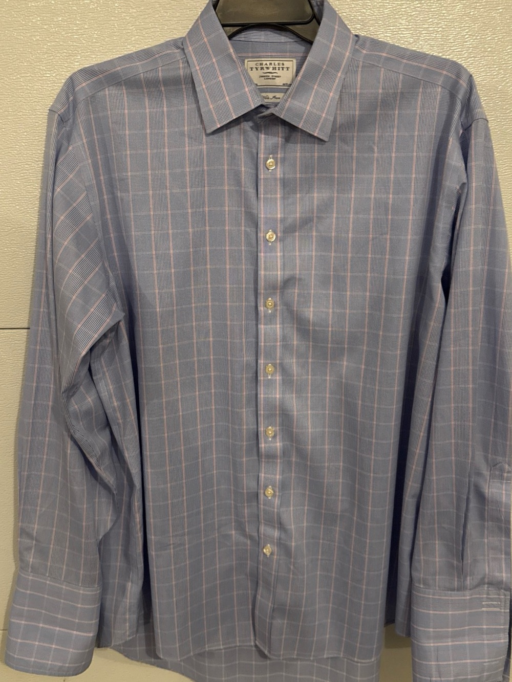 Charles Tyrwhitt 16.5 34 Slim Fit French Cuff Blue Pink Plaid Dress Shirt